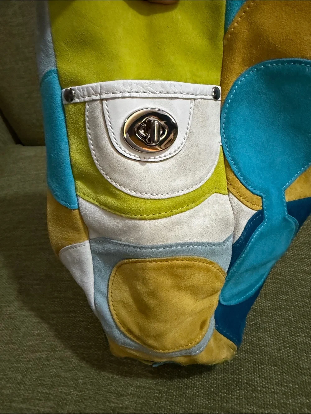 Coach Multicolor Suede Tote with White Leather Handles